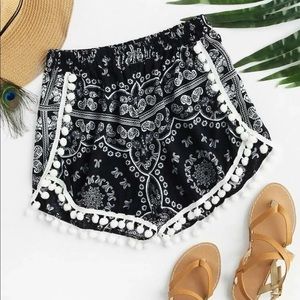 Flower Print Pom Pom Trim Shorts